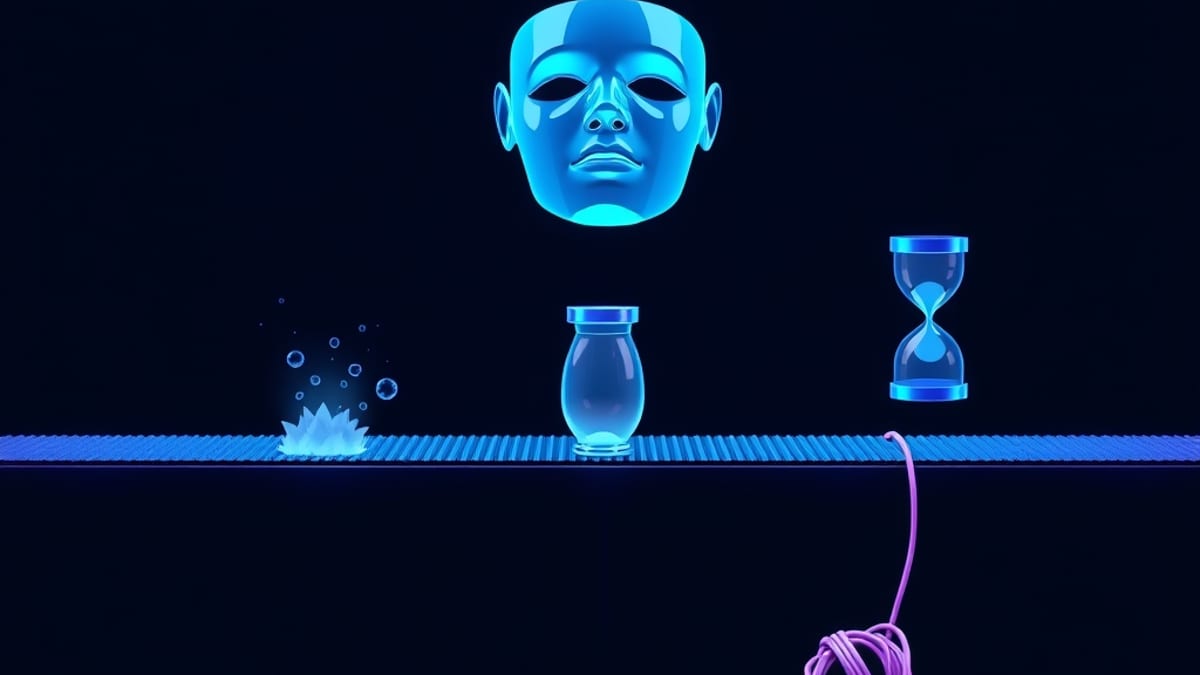 A glass face mask hovers over a belt that forks into dissolving mist, a sealed hourglass, and a tangled knot of wire.