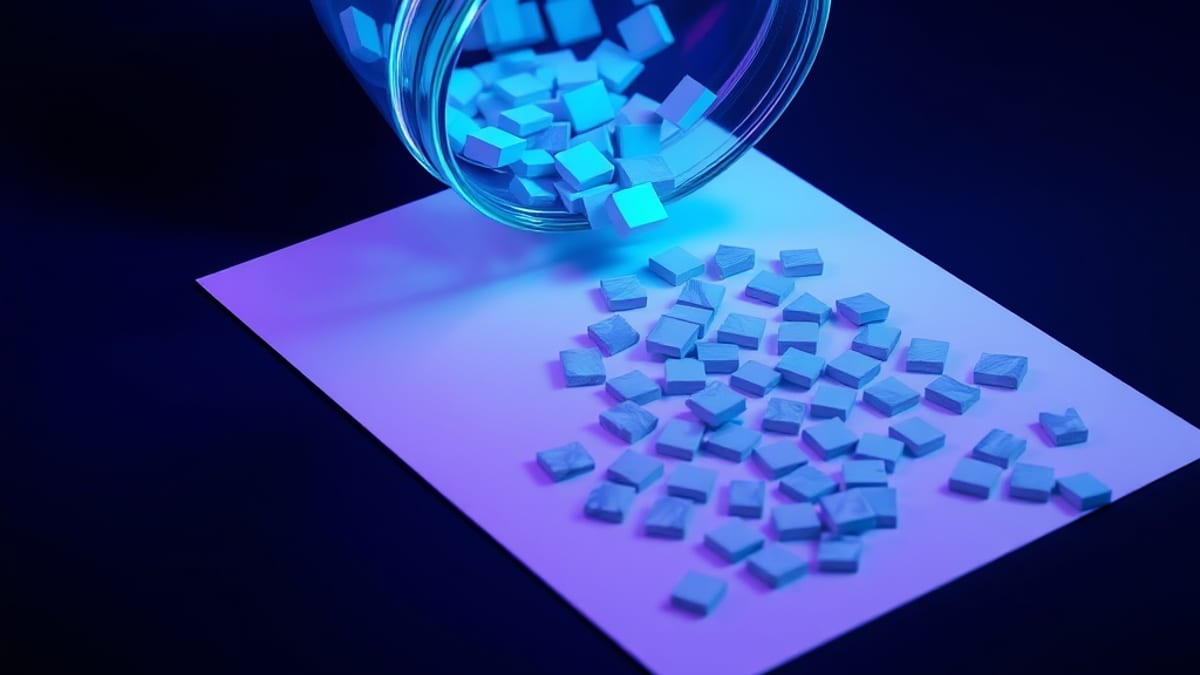 A tipped glass jar spilling mosaic tiles onto paper, where some tiles snap into a pattern already printed on the page.