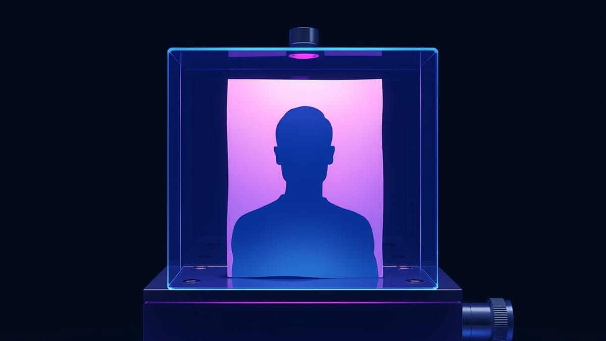 A paper photo of a silhouette is pressed into a glossy duplicate that glows on a public shelf while the original tears apart.