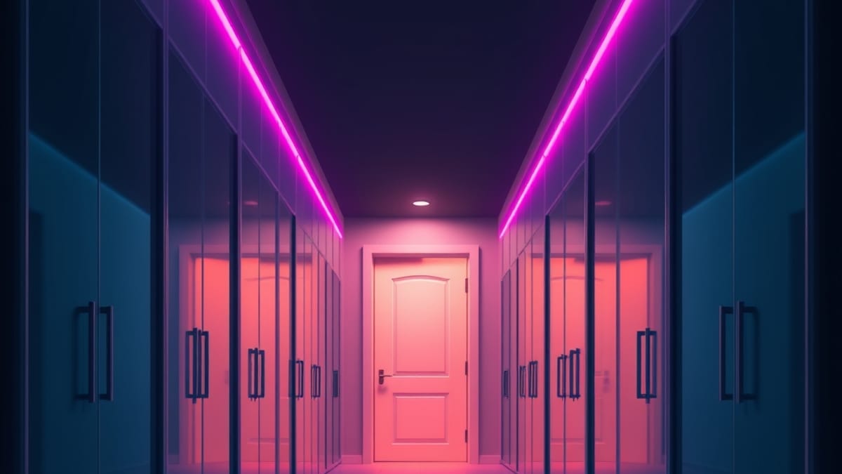 A dim corridor of identical doors with one door ajar, lit warmly, and a key hanging beside it.