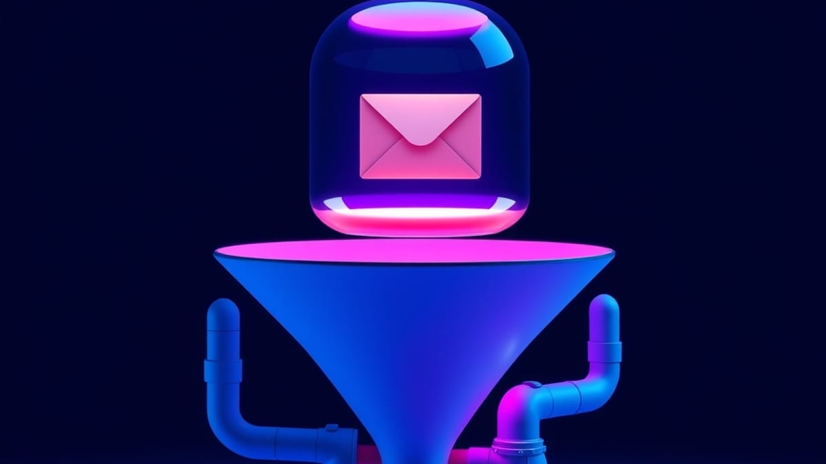 A sealed glass envelope above a funnel that splits into three pipes leading to an archive shelf, a vault, and a locked door.