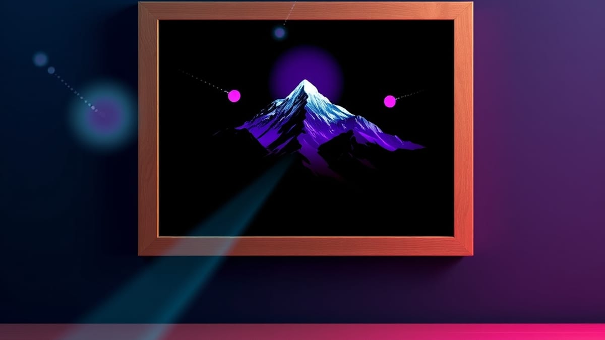 A framed mountain photo with faint ghost copies drifting into a soft mesh grid, where only the mountain shape reappears solid
