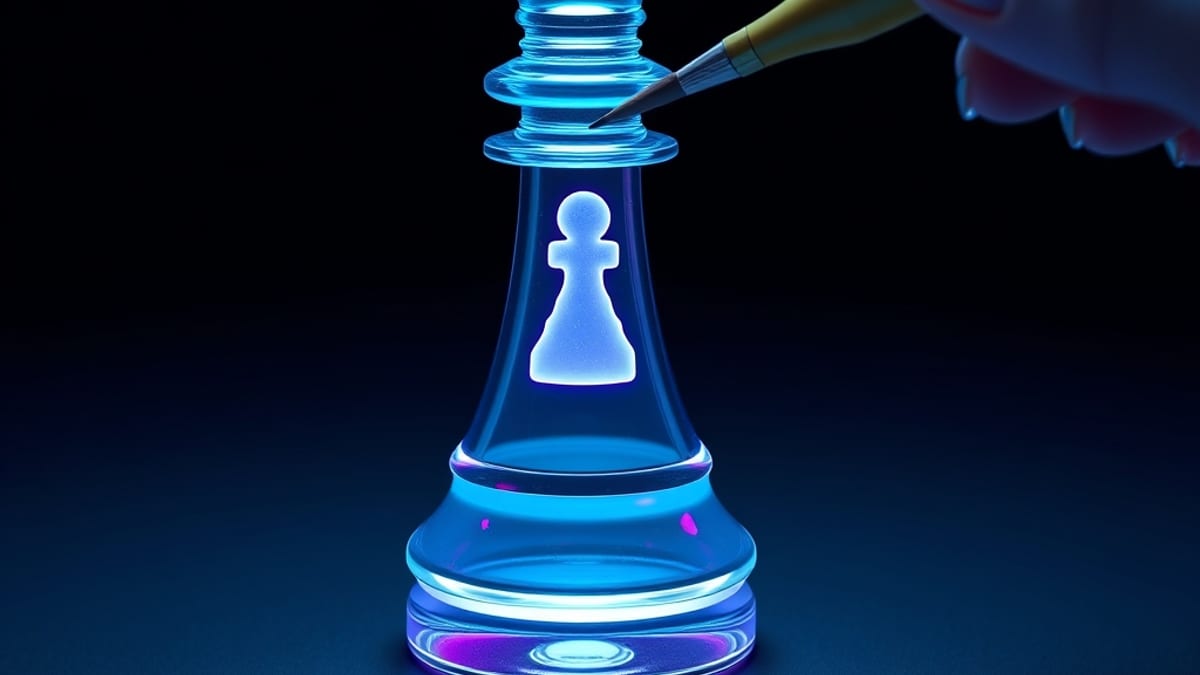 A glass chess pawn being repainted by a small brush, with a hidden second pawn glowing faintly inside it.