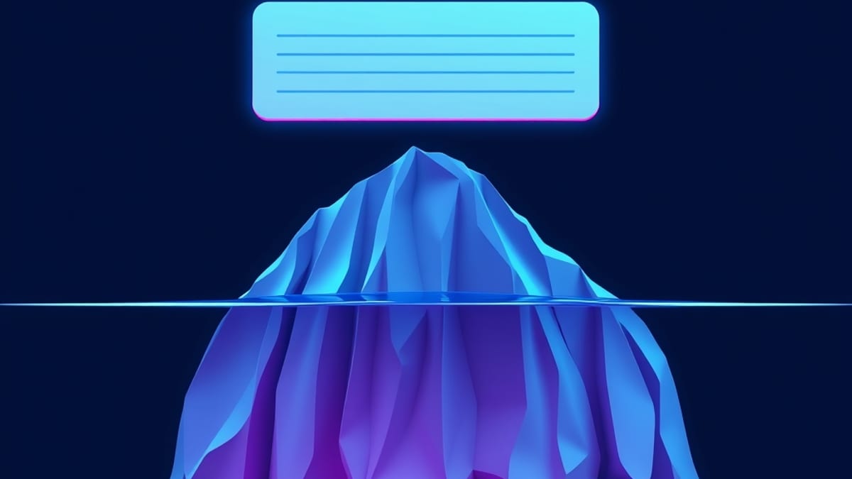 An iceberg whose small visible tip is a repainted paragraph block, with a huge submerged structure of idea-nodes beneath it.