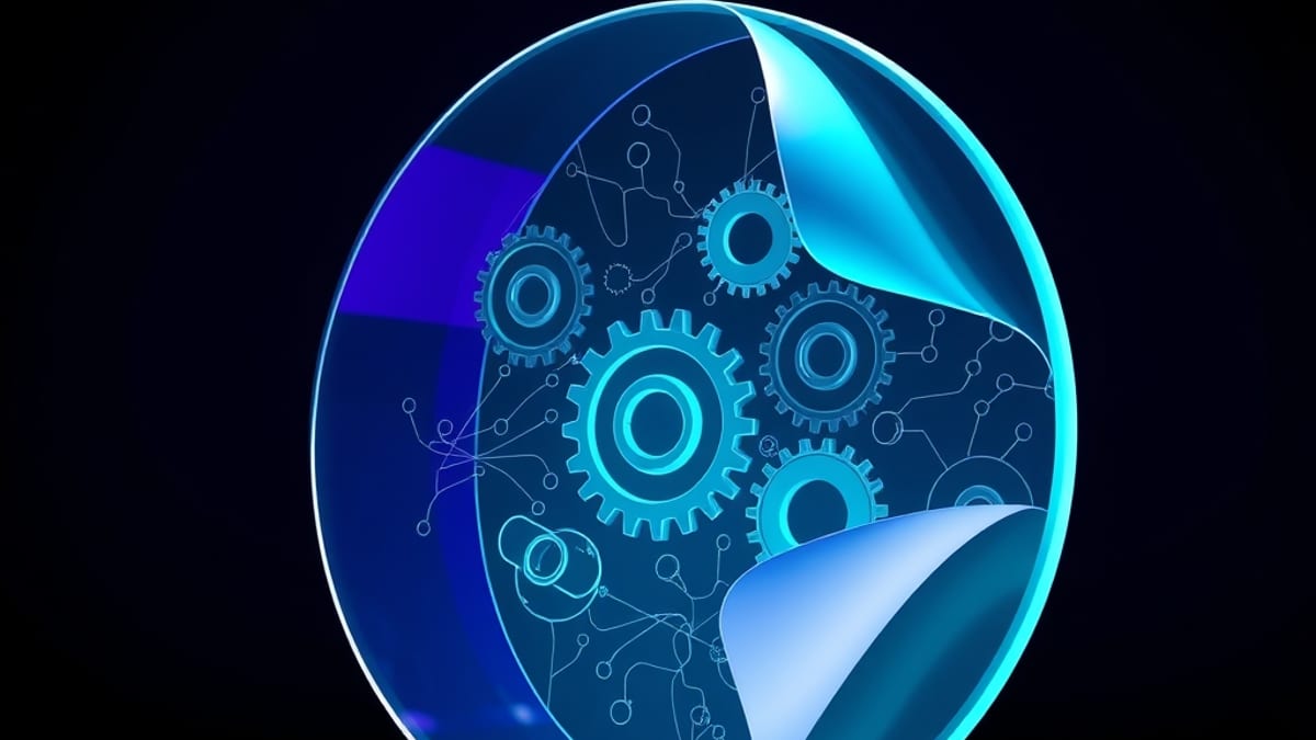 A glass page whose glossy surface peels off, exposing a hollow shell while solid gears form the core underneath.