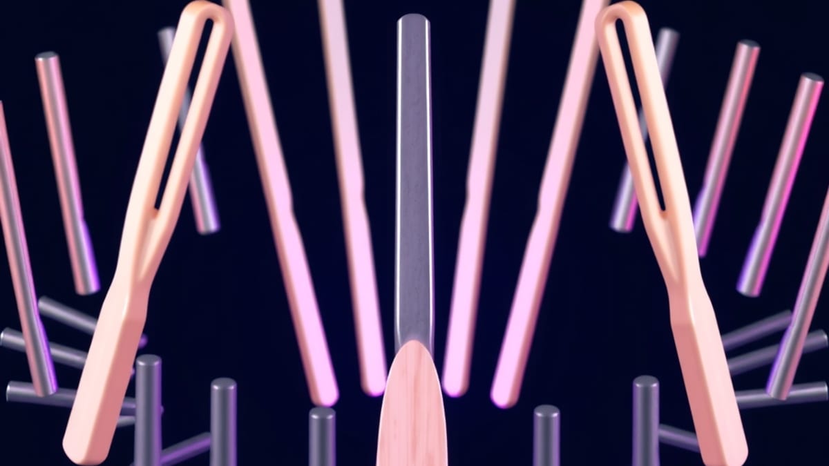 One large tuning fork in the center of a circle of smaller forks, all vibrating in matching wave arcs.