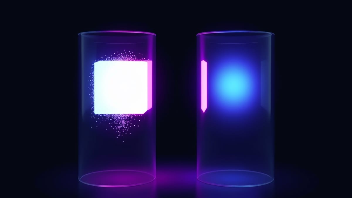 A glowing cube passes through two glass chambers: in one its light scatters outward, in the other it stays sealed inside a mi