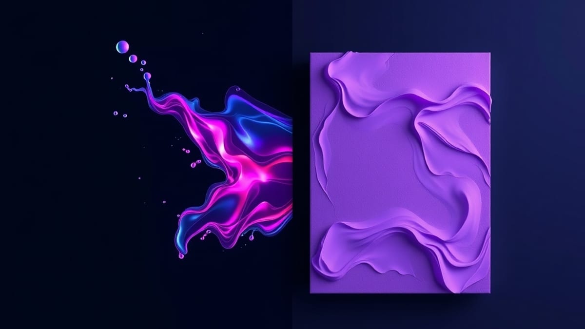 Abstract split scene: glowing pigment droplets forming a painting on one side, the same painting being refined by abstract to