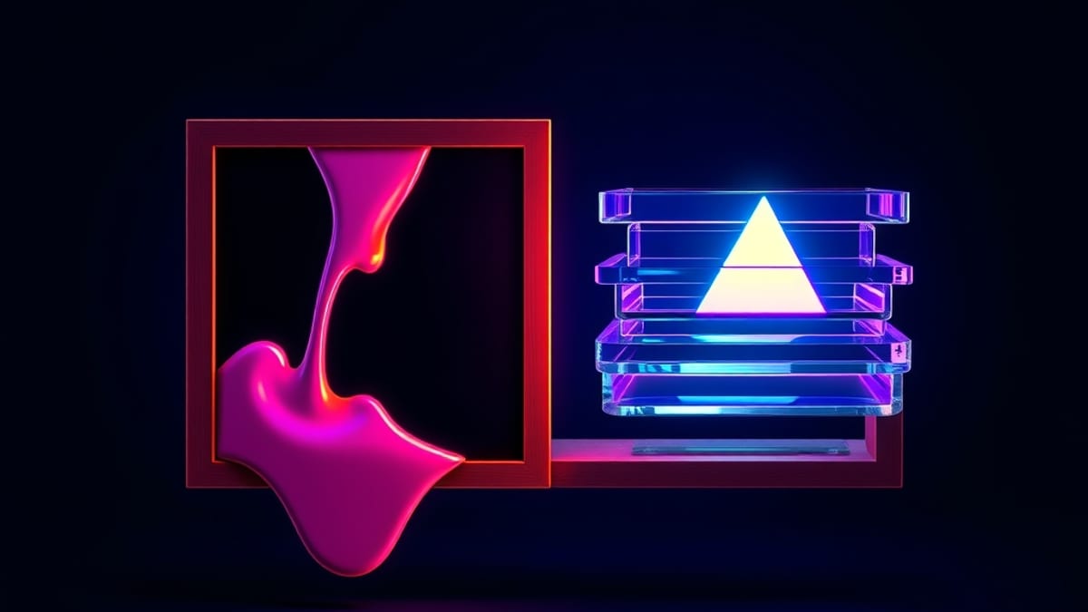 A glowing palette split in two: one side pours color into a framed canvas, the other opens into stacked glass layers with a s