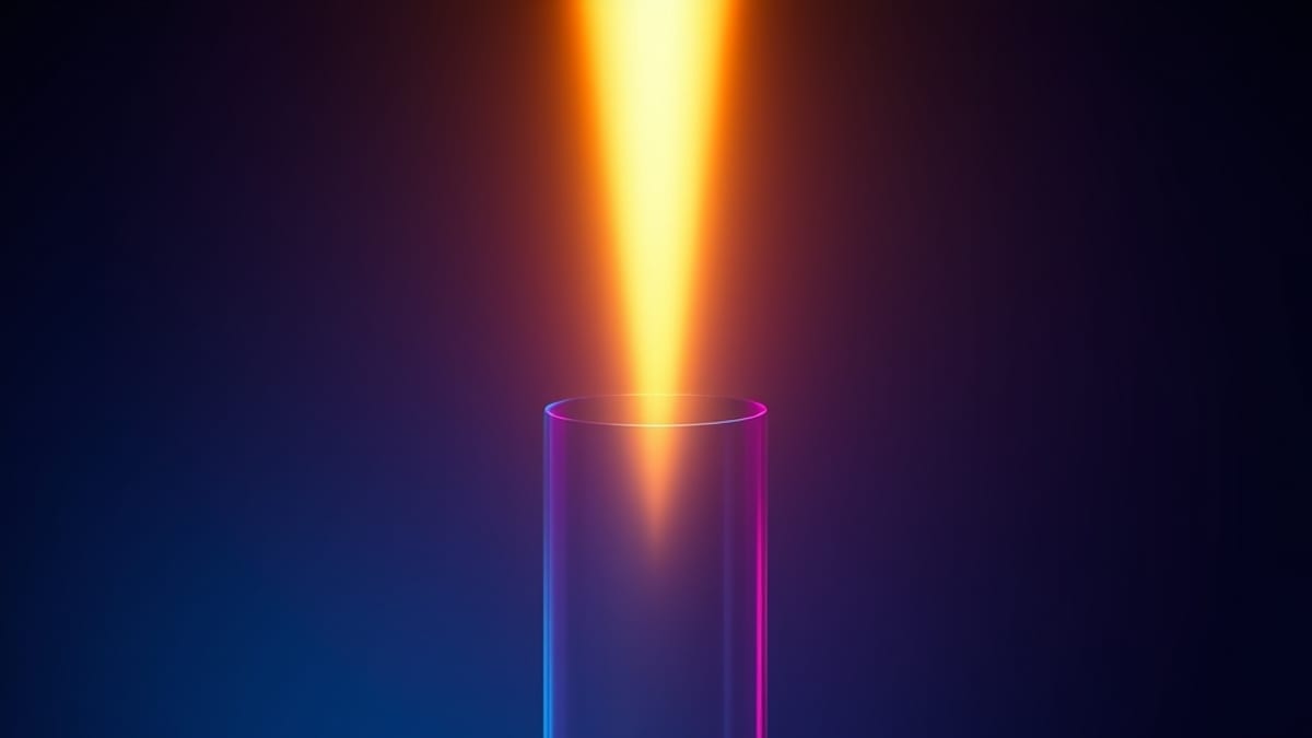 A beam of light passes through a glass prism and splits into one straight ray and one warped, jagged ray.