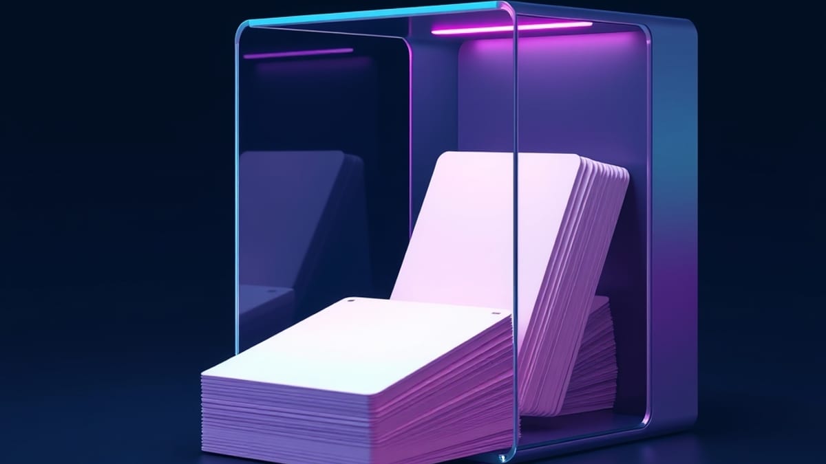 A blank card entering a glass machine and emerging as a tidy stack of finished cards in soft pastel light.