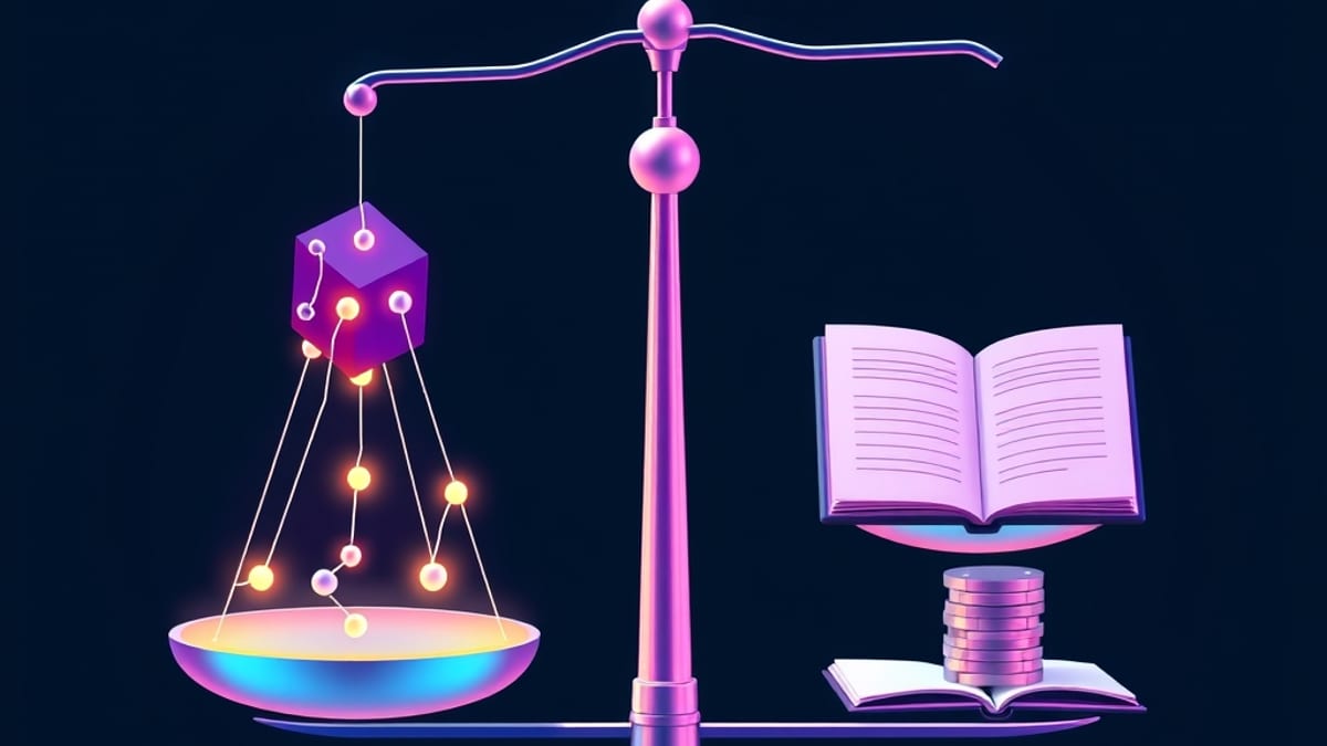 A balance scale weighing a glowing node-threaded cube against a small stack of coins and an open notebook.