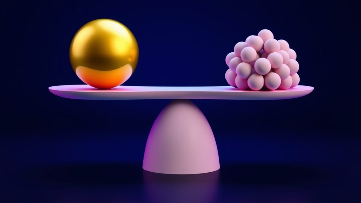 A clay balance scale with a single gold orb on one side and many small pastel spheres on the other, resting level.