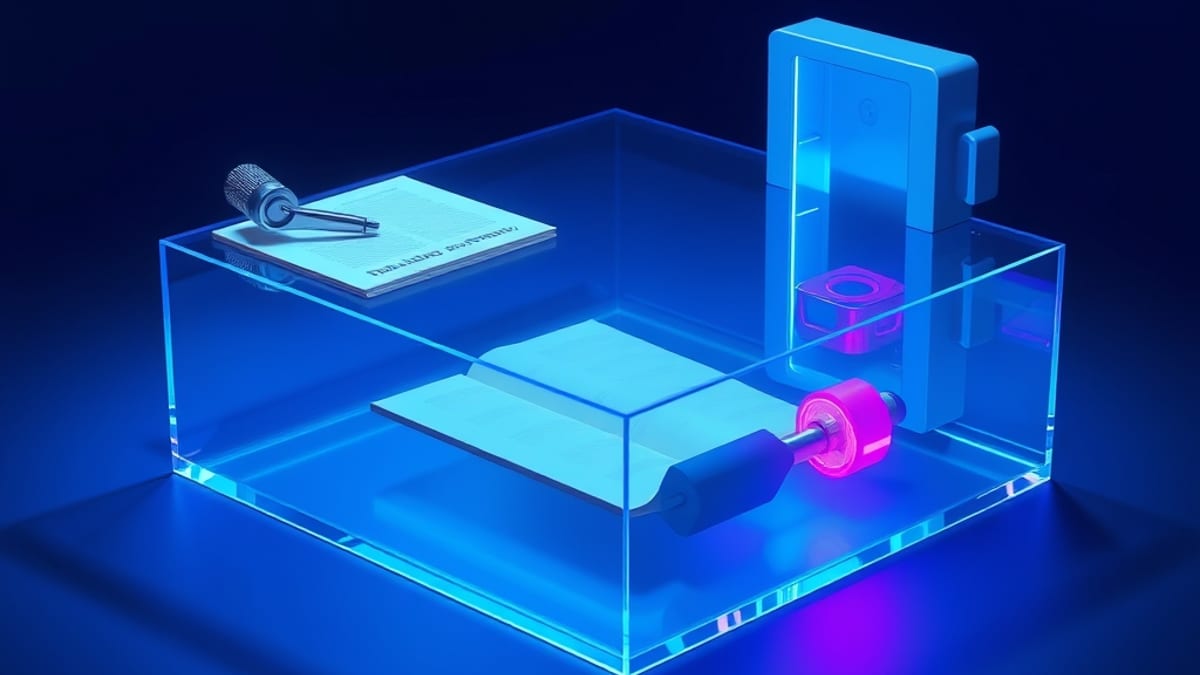 Cutaway of a glass pool: a small free tool polishes a written page on the deck, while locked machinery glows in the deep end 