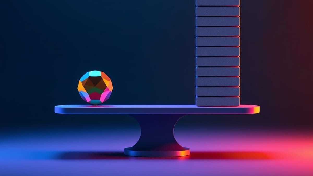 A balance scale weighing one shiny gem against a tall stack of plain gray tiles.