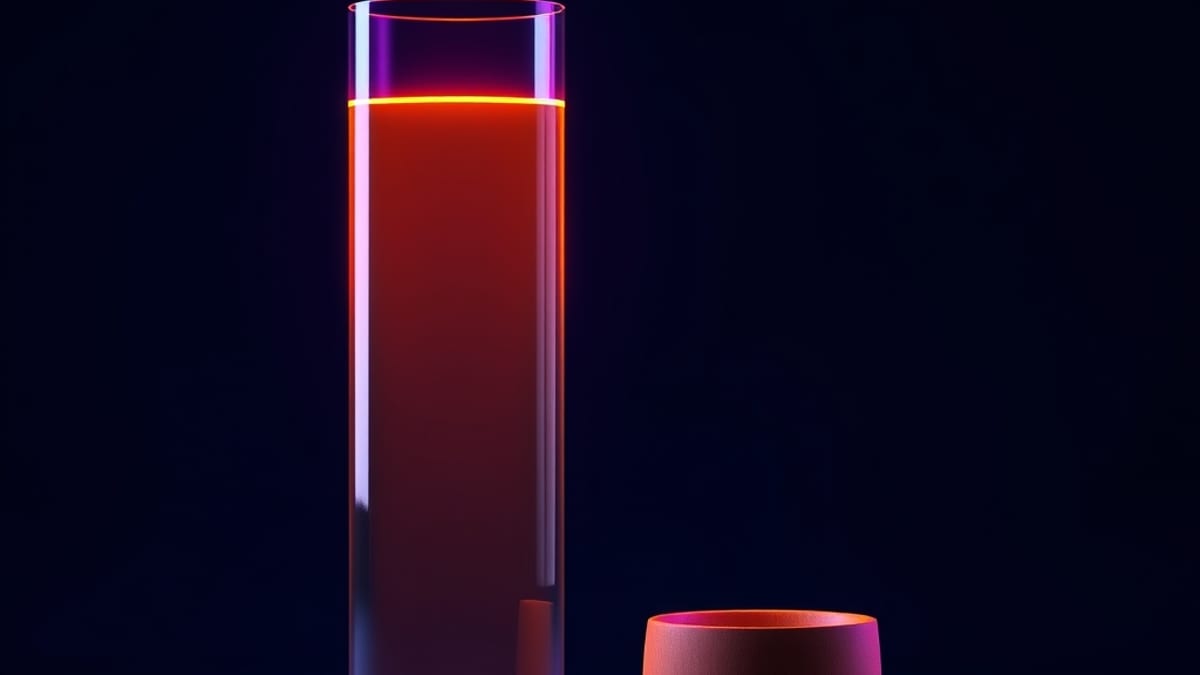 Two glass vessels filled to different heights beside a small brimming cup, lit softly on a plain surface.