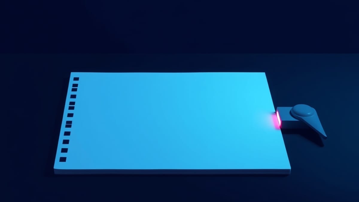 A blank page on a desk with tabs and a slider, light arrows flowing from the tabs to fill the page with glowing lines.