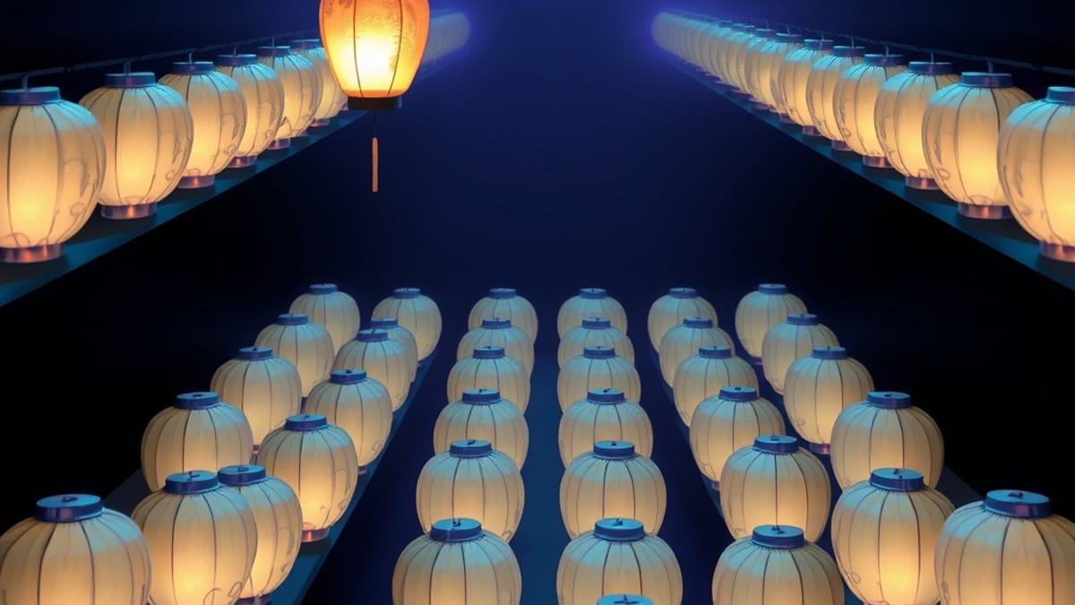 One bright paper lantern glowing on a shelf beside a long receding line of identical dim lanterns fading into fog.