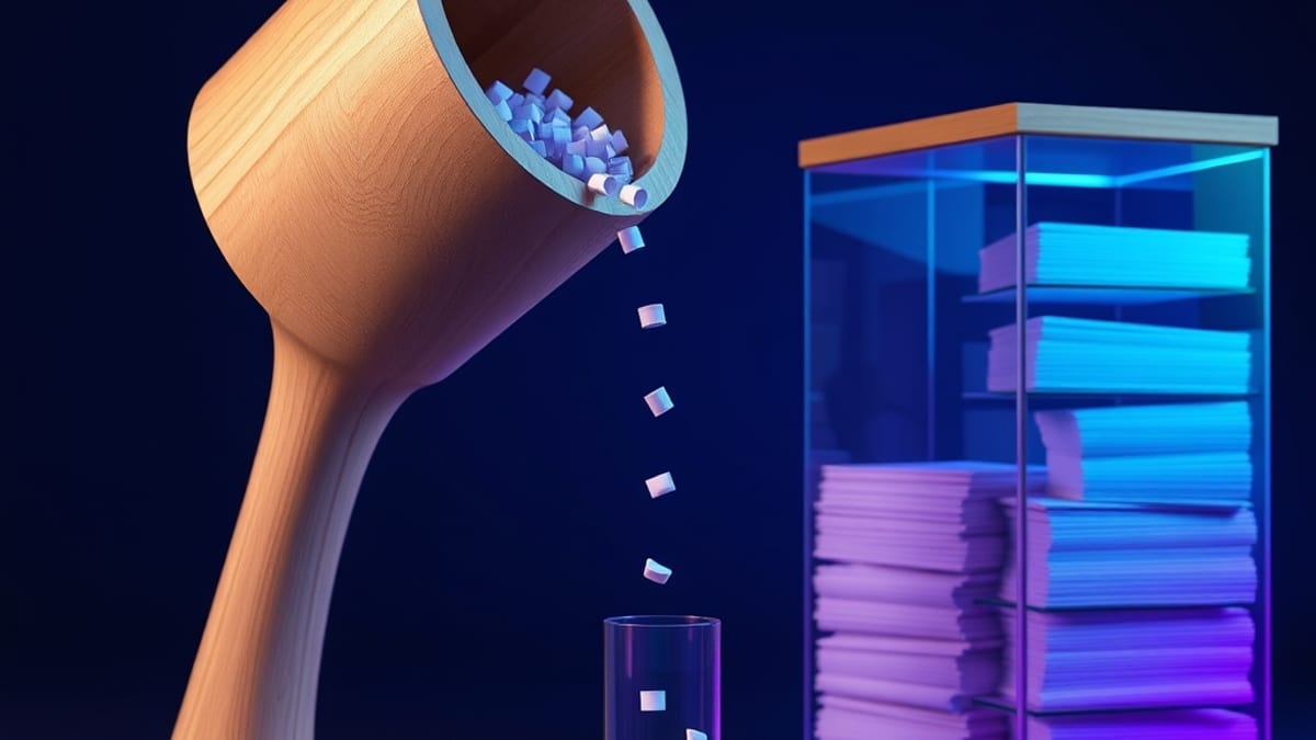 A wide wooden funnel pours thin paper sheets into a narrow vial, with a locked cabinet of thicker paper stacks beside it.