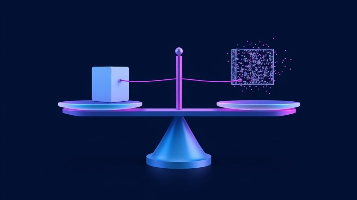 A balance scale weighing a solid cube against a dissolving one, with a low fence between the pans.