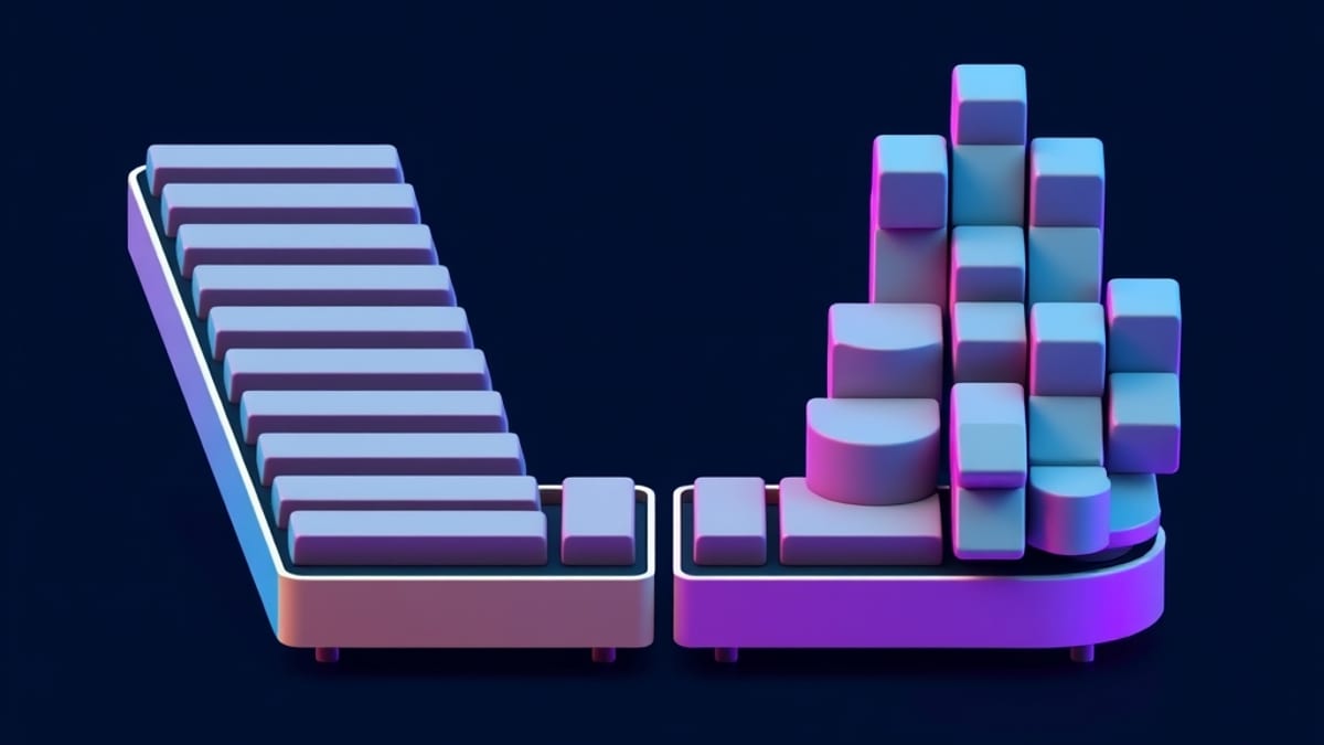 Two conveyor belts: one carrying identical grey blocks, the other with the same blocks rearranged into varied organic shapes.