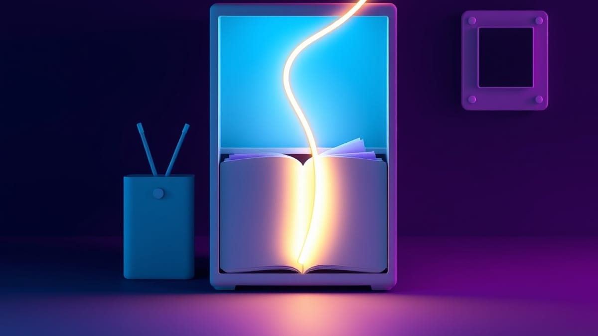 A glowing ribbon keeps the same shape as it passes through a notebook, a cabinet, and a wall panel, while grey threads tangle