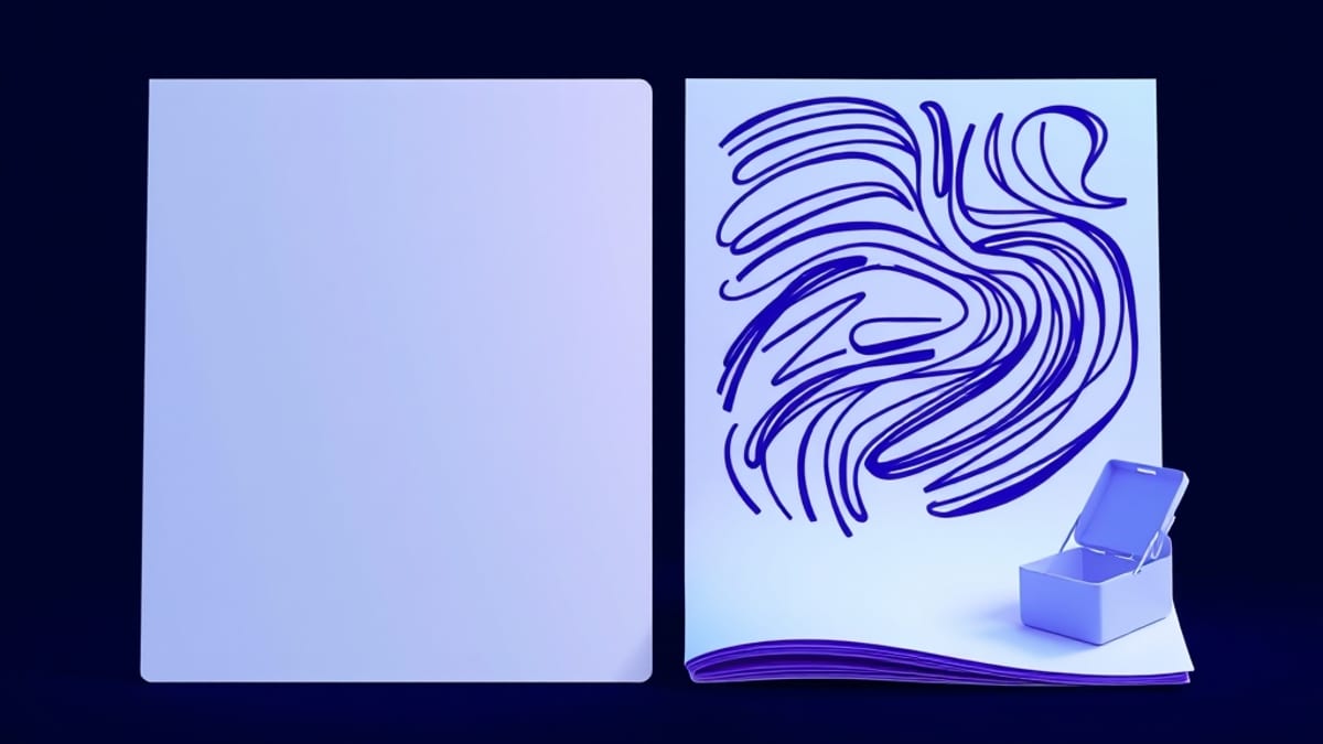 A blank page with an empty speech bubble beside a filled page with a small closed toolbox, in flat vector style.