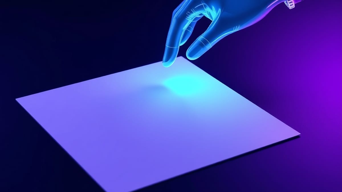 A translucent glass hand writes glowing lines onto a blank sheet of paper that has faint pre-printed guide rails along its ed