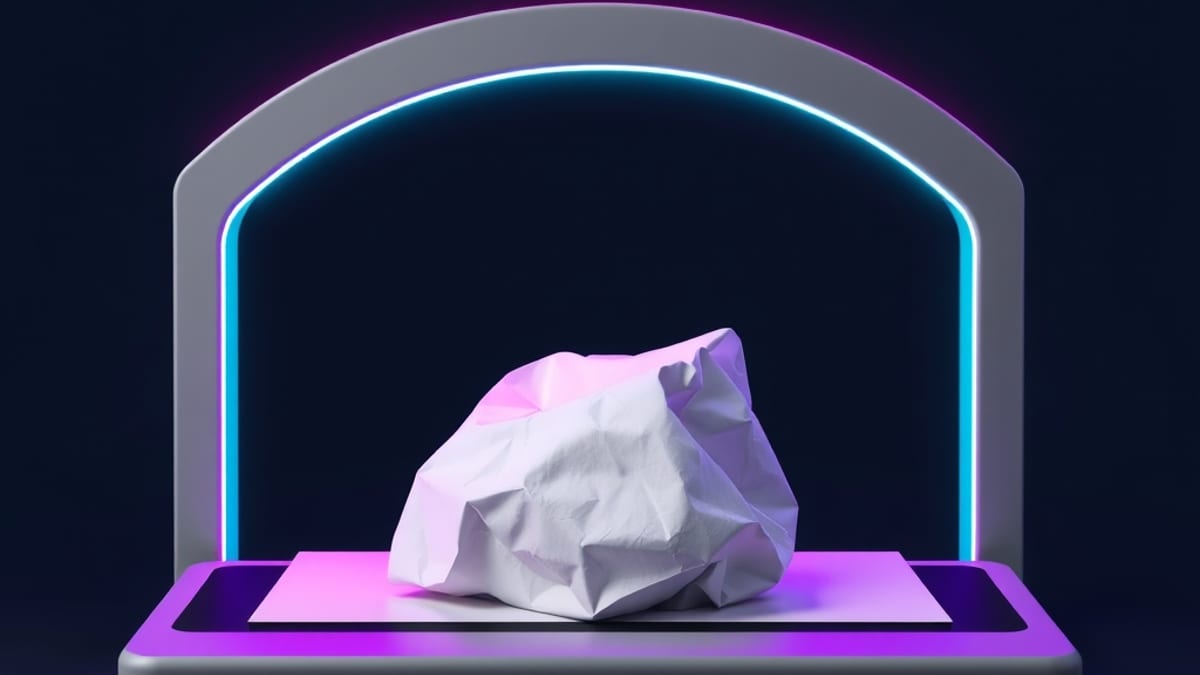 A crumpled paper draft moves along a conveyor belt through an arch and comes out as a crisp folded sheet.