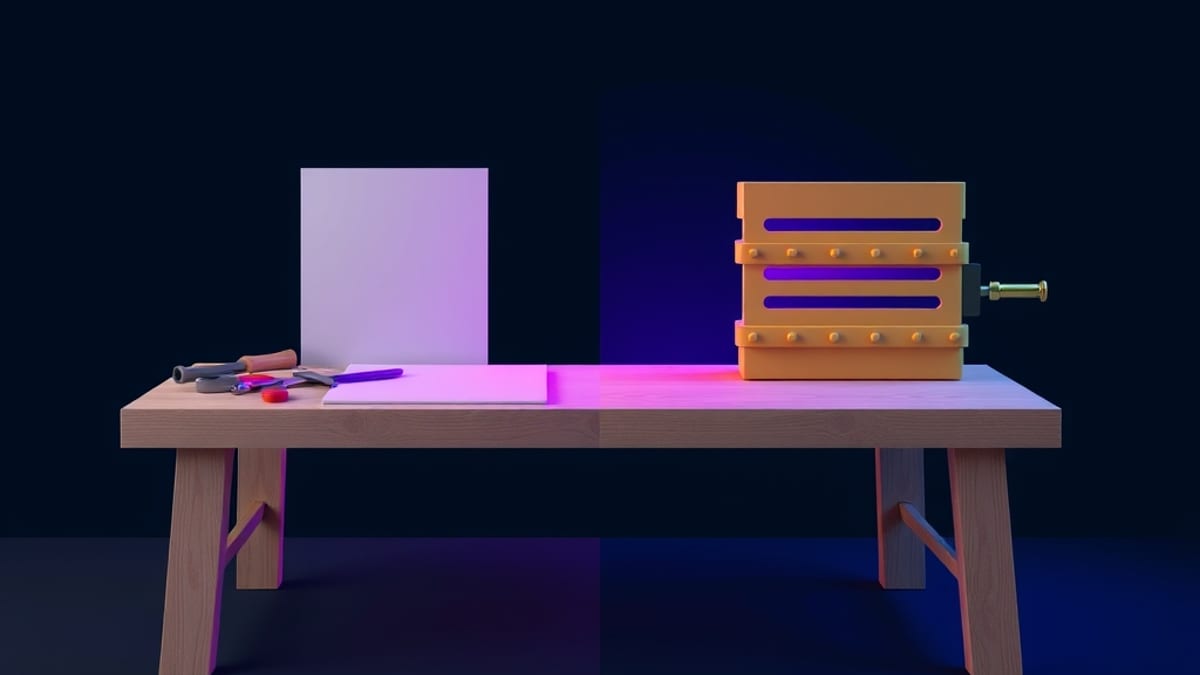 Two workbenches side by side: loose tools around a blank sheet, and the same sheet passing through a fixed metal jig.
