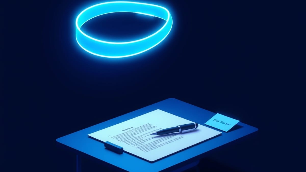 A glowing sentence-ribbon hovering above a blank page, reshaping itself as a small lever tilts beside it.