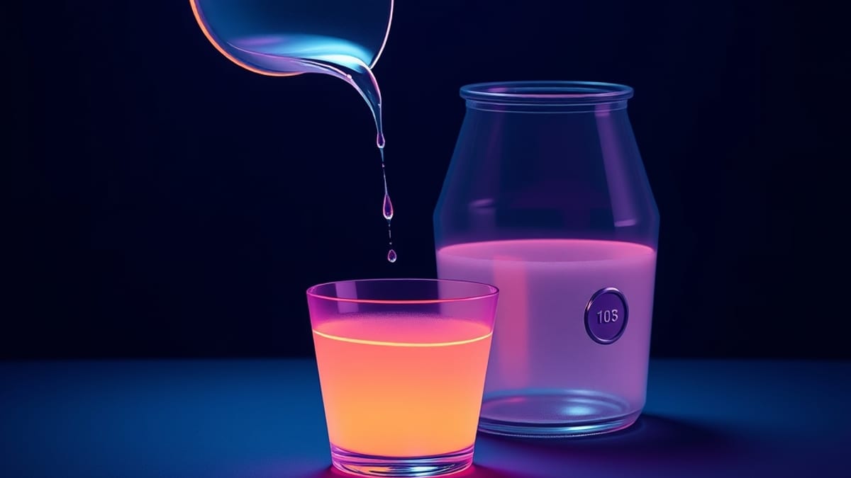 A wide glass funnel releasing only a thin trickle of glowing ink into a small cup, with a large sealed coin-slot reservoir be