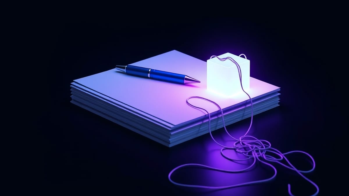 A pen on a tidy stack of blank paper next to a glowing cube with a long thread branching into tangled paths across a dark tab