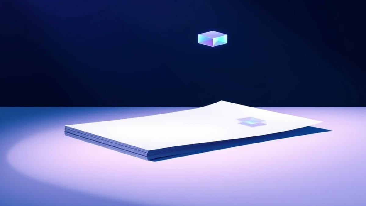 A sheet of paper on a desk with light lifting small translucent tiles off its surface, one tile nudged aside.