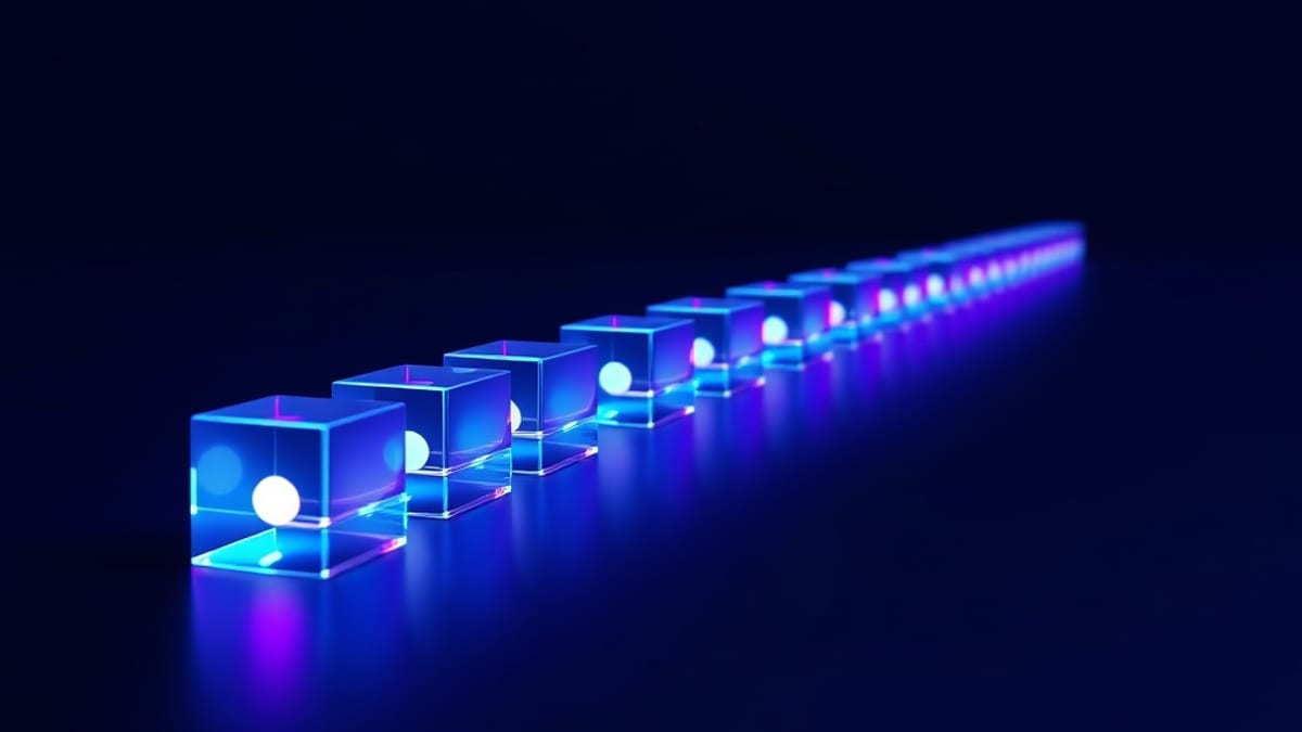 A chain of small glass cubes lighting one another in sequence on a dark surface, each echoing the previous shape.