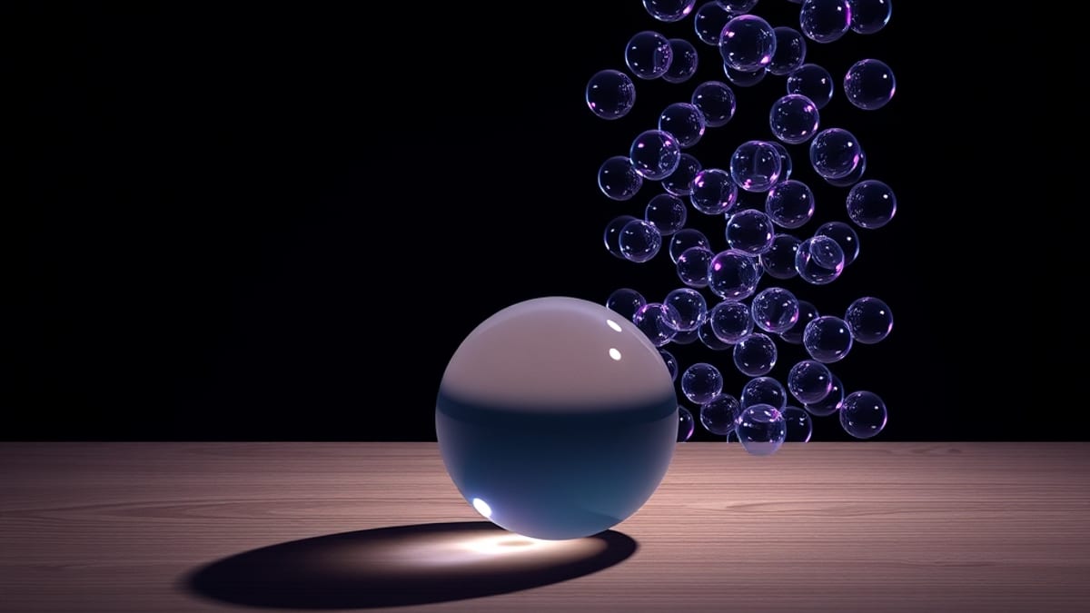 One solid glass sphere on a table beside many floating warped hollow spheres casting uneven shadows.