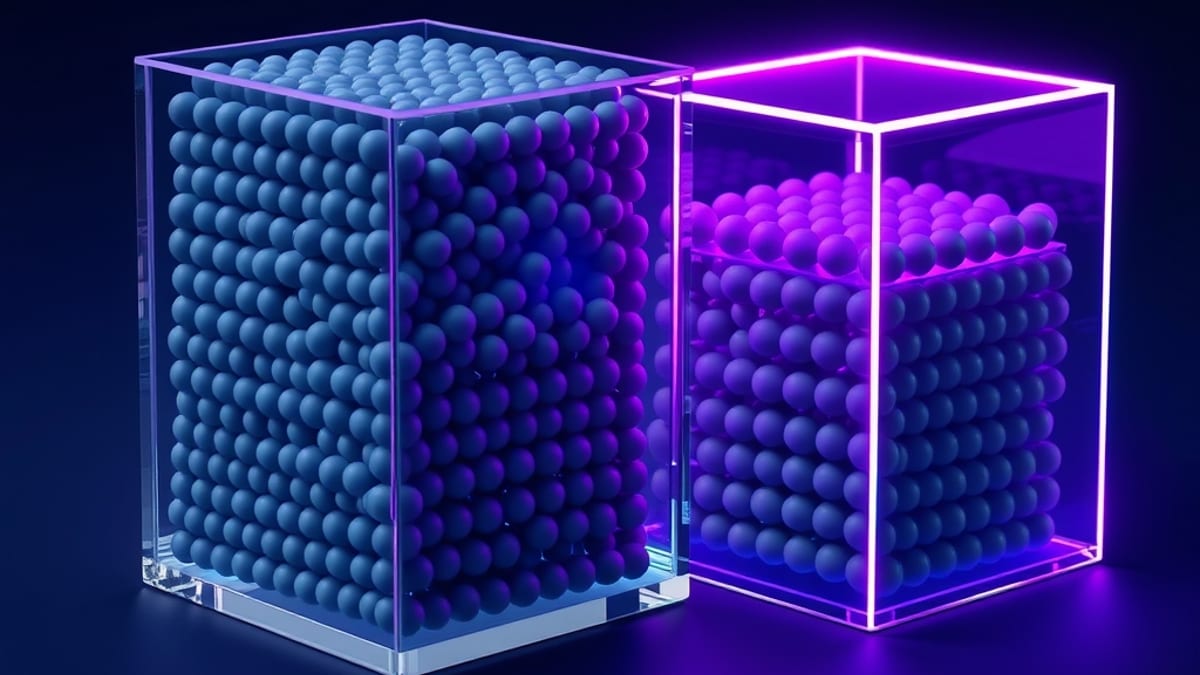Two glass cubes of tiny gray beads, one mid-shift with glowing wires nudging beads, the other settled into a new pattern.