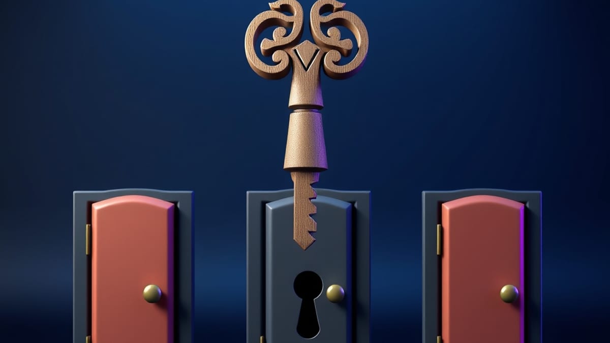 A brass key with an English-letter-shaped head hovers before three doors, only one of which has a keyhole it cannot fit.