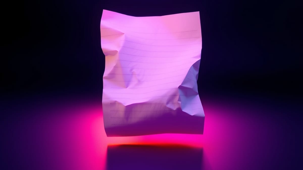 A crumpled page passing through a funnel of light and emerging as a tidy grid of blank lines.