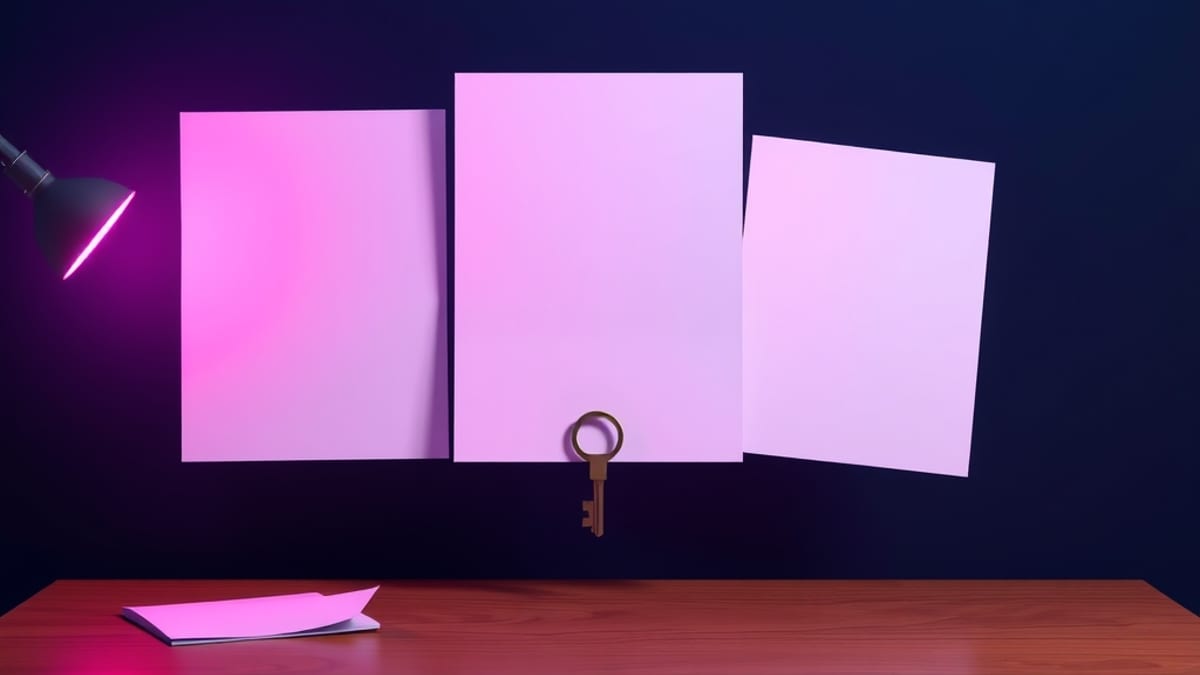 Three blank paper pages float above a desk, a small brass key beside the middle one, lit from the left.