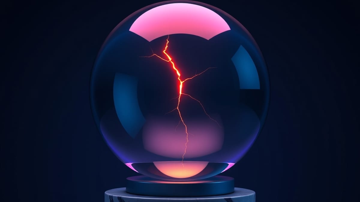 A flawless glass sphere on a marble plinth with a faint crack spreading inside it, lit softly against a grey backdrop.