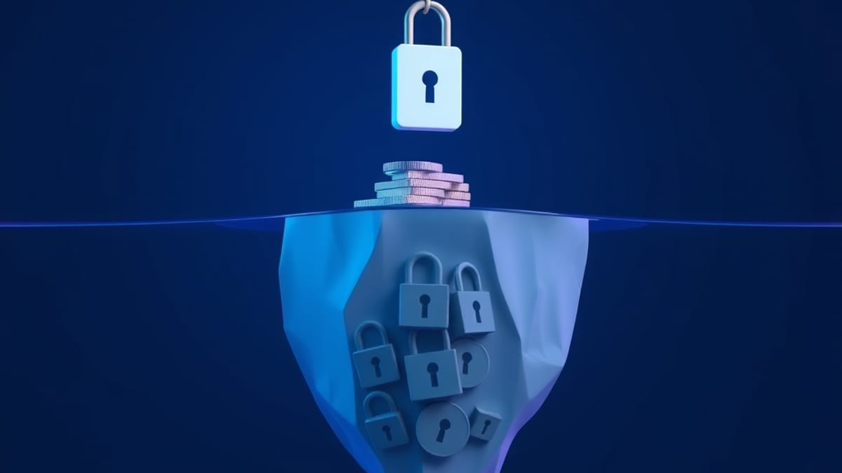 A tiny price tag floats above water while a huge iceberg of stacked coins and padlocks looms beneath.