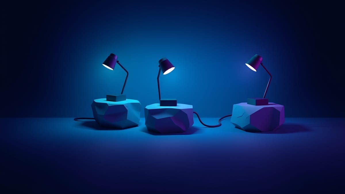 Four identical desk lamps on separate floating rock islands; one lamp is dark and disconnected while three others still glow 