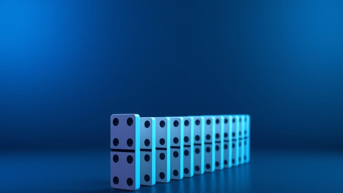 One domino tips into a long curving line of larger, increasingly tilted dominoes fading into fog, lit blue on one side and am