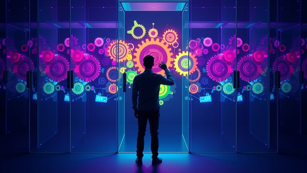 A glass wall of identical doors, each hiding a different glowing engine of gears behind it, with a figure reaching for one ha