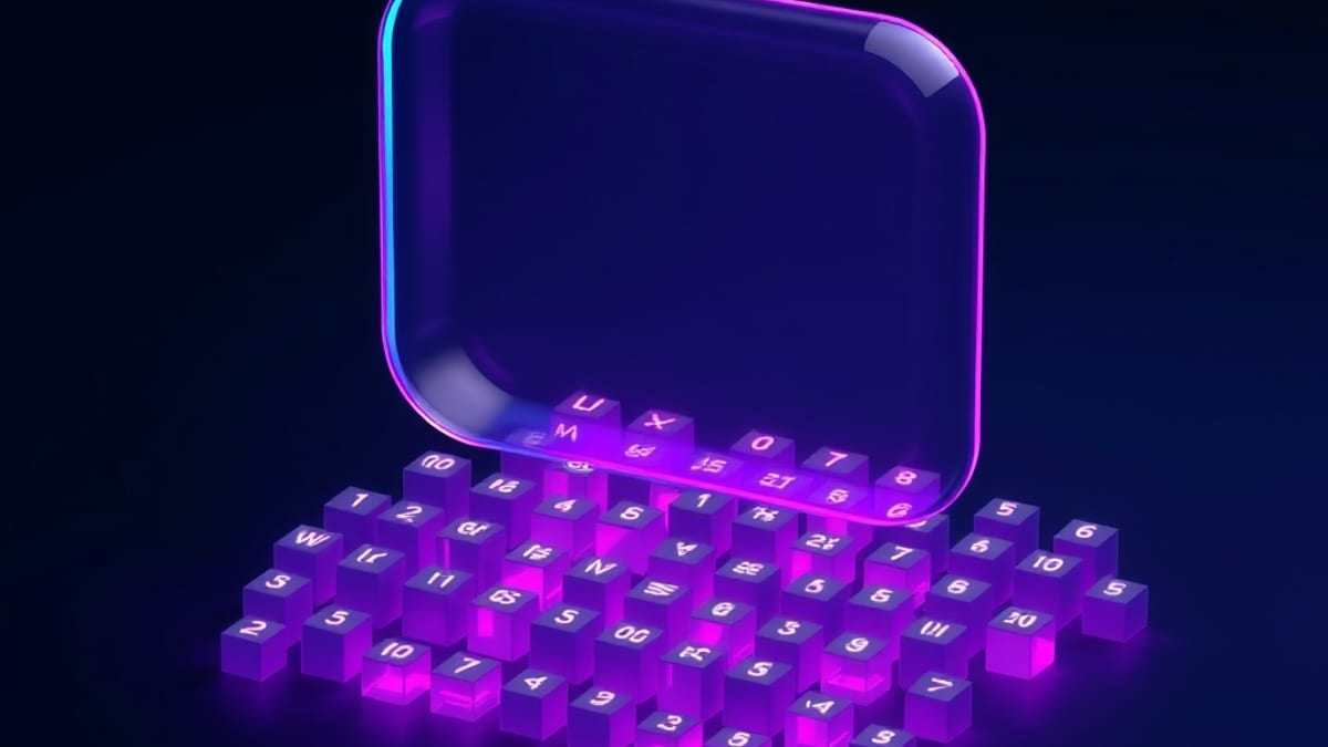 A clear glass chat-window shell hovering above a glowing lattice of small cubes, one cluster of cubes being exchanged for ano