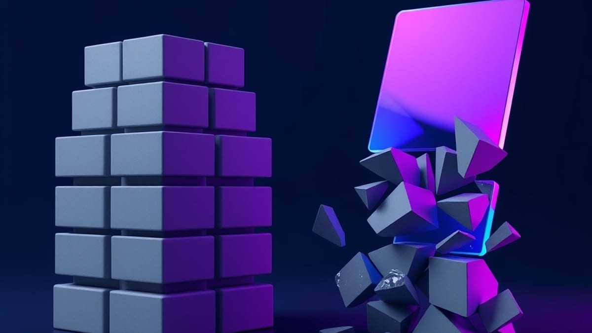 Uniform grey blocks beside the same blocks shattered into jagged shards, covered by a translucent glass sheet that alters onl
