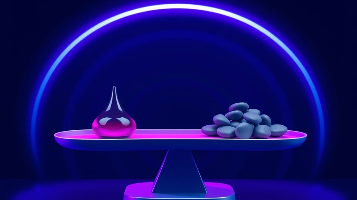 A balance scale with a lone ink droplet on one side and many identical grey pebbles on the other, nearly level, over faint ri