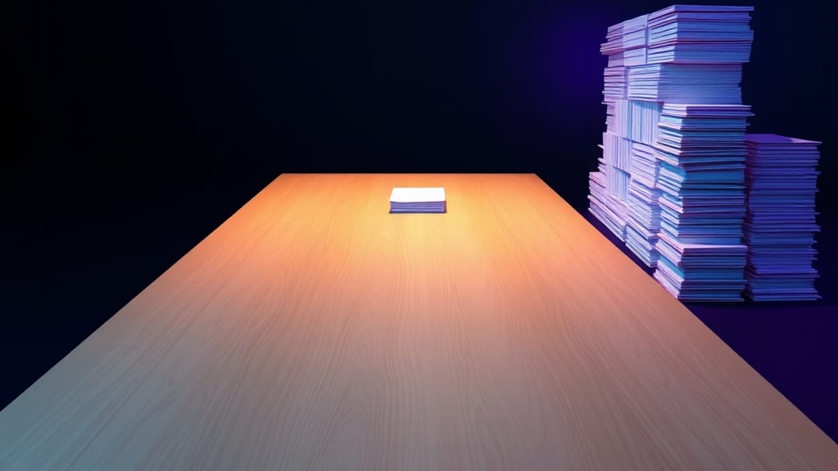 A wooden desk stretching like a runway, small paper stack at one end, towering wall of documents at the other.