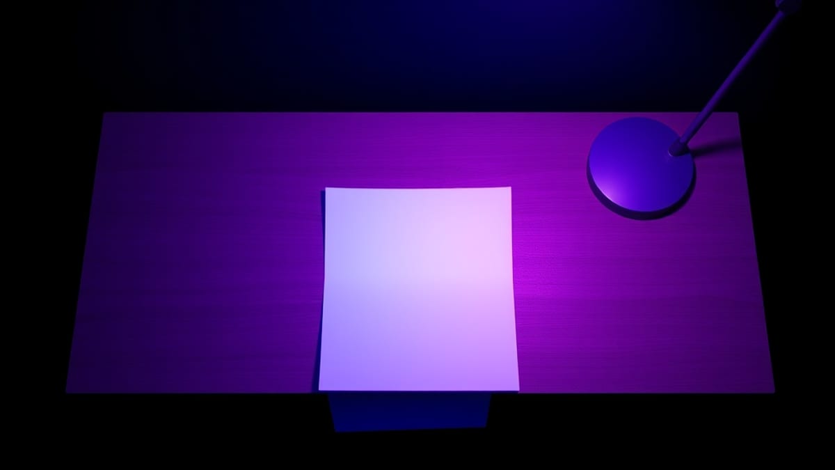 Overhead view of a wooden desk under a warm lamp, with glowing sheets of paper laid flat and one sheet sliding off the edge i